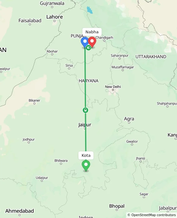 Route map showing distance and travel time from Kota, India to Nabha, India