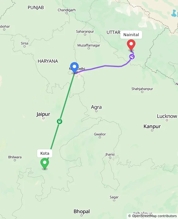 Route map showing distance and travel time from Kota, India to Nainital, India