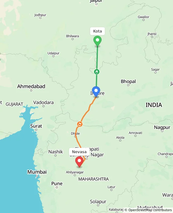 Route map showing distance and travel time from Kota, India to Nevasa, India