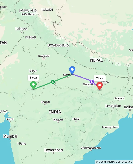 Route map showing distance and travel time from Kota, India to Obra, India