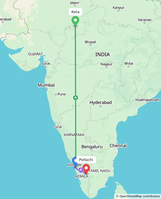 Route map showing distance and travel time from Kota, India to Pollachi, India