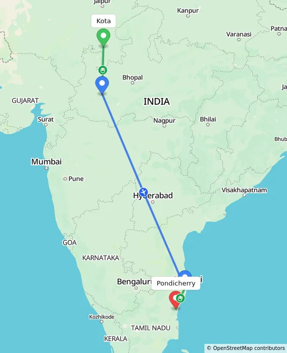 Route map showing distance and travel time from Kota, India to Puducherry, India