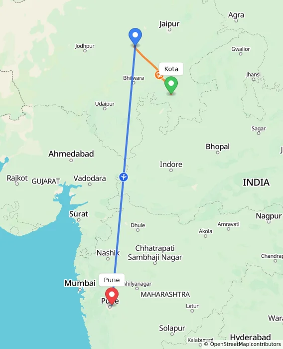 Route map showing distance and travel time from Kota, India to Pune, India