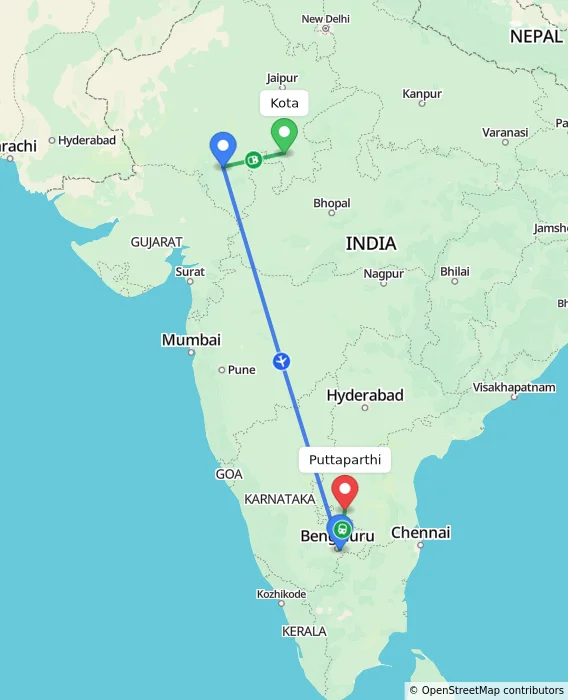 Route map showing distance and travel time from Kota, India to Puttaparthi, India