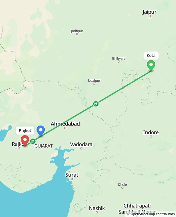 Route map showing distance and travel time from Kota, India to Rajkot, India