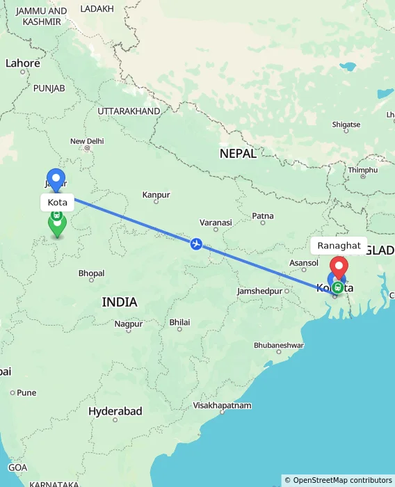 Route map showing distance and travel time from Kota, India to Ranaghat, India