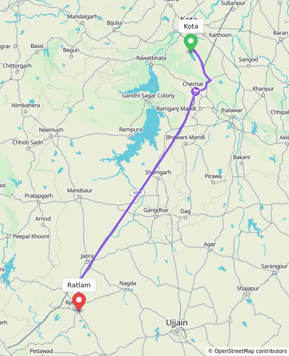Route map showing distance and travel time from Kota, India to Ratlam, India