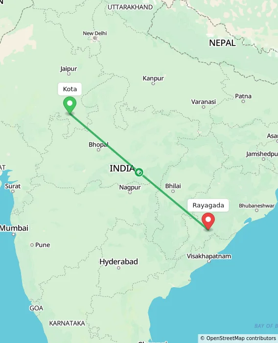 Route map showing distance and travel time from Kota, India to Rayagada, India