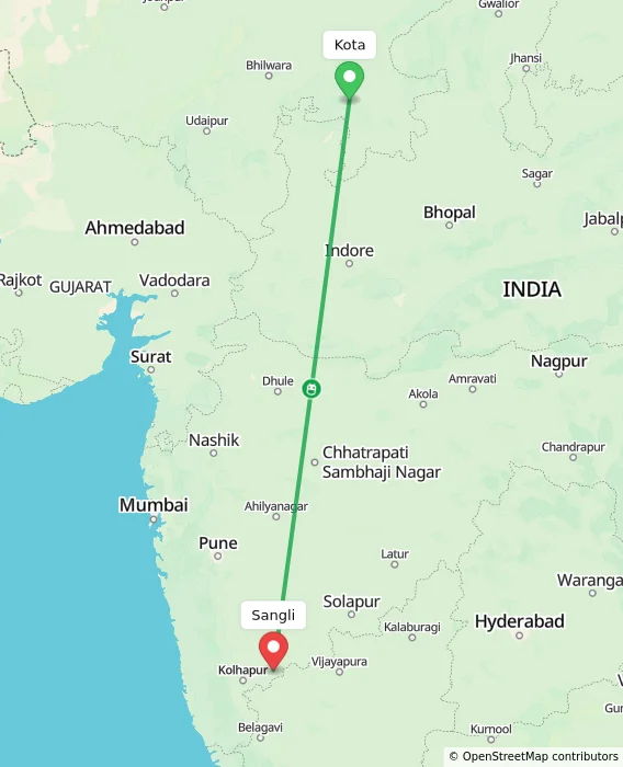 Route map showing distance and travel time from Kota, India to Sangli, India