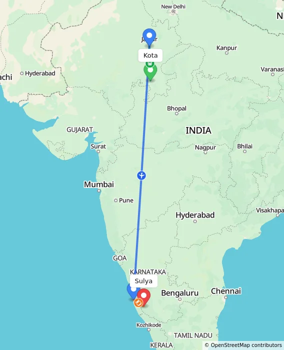 Route map showing distance and travel time from Kota, India to Sulya, India