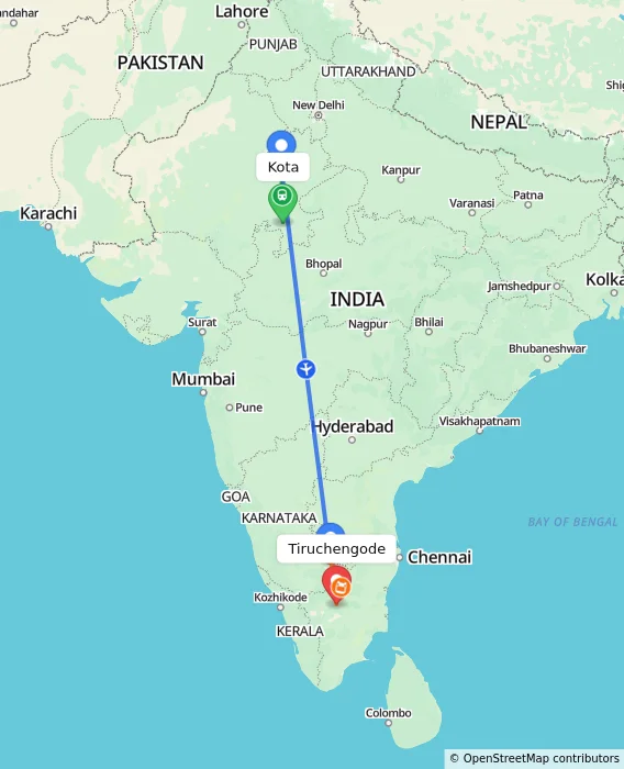 Route map showing distance and travel time from Kota, India to Tiruchengode, India