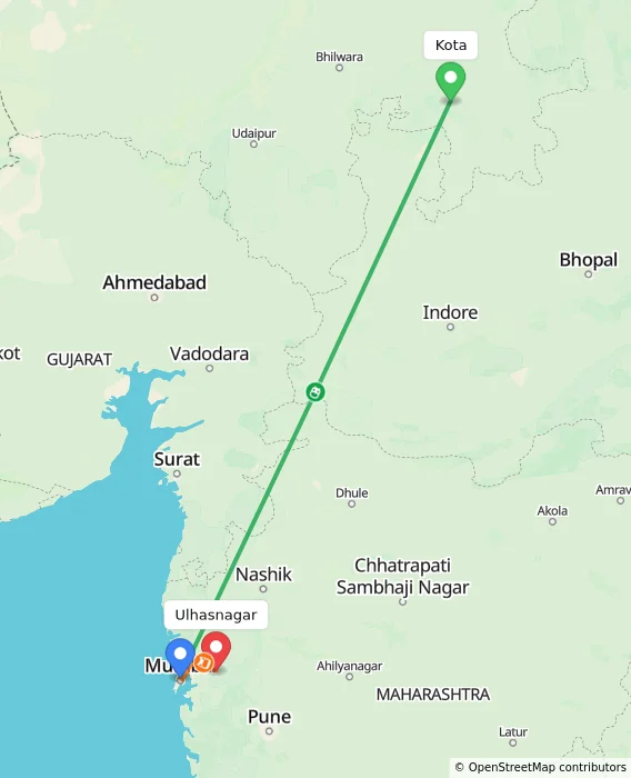 Route map showing distance and travel time from Kota, India to Ulhasnagar, India