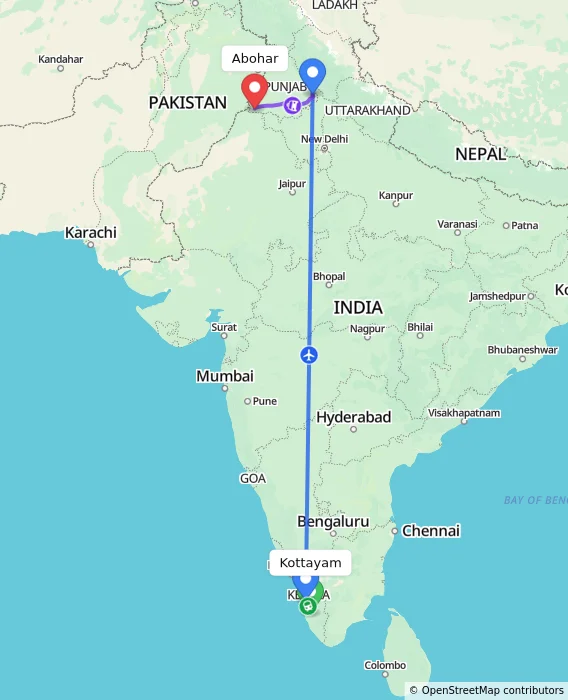 Route map showing distance and travel time from Kottayam, India to Abohar, India