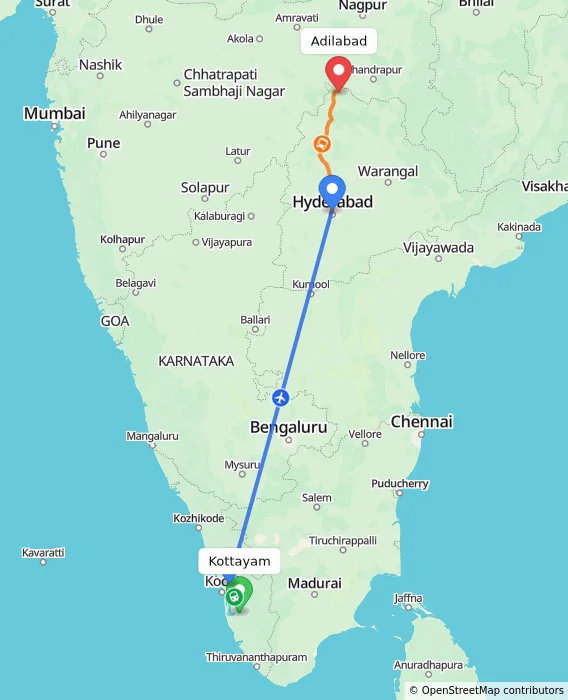 Route map showing distance and travel time from Kottayam, India to Adilabad, India
