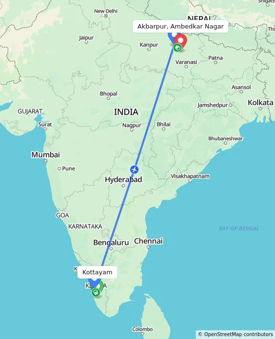 Route map showing distance and travel time from Kottayam, India to Akbarpur, Ambedkar Nagar, India