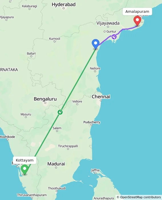 Route map showing distance and travel time from Kottayam, India to Amalapuram, India