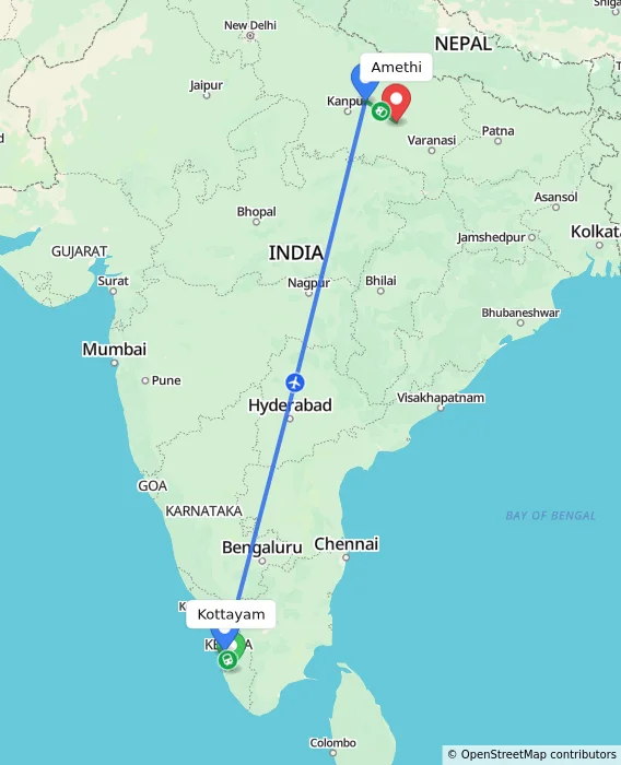 Route map showing distance and travel time from Kottayam, India to Amethi, India