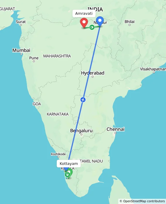Route map showing distance and travel time from Kottayam, India to Amravati, India