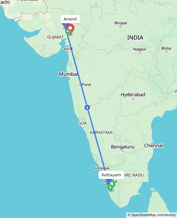 Route map showing distance and travel time from Kottayam, India to Anand, India