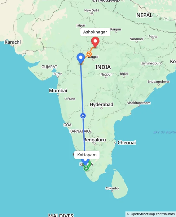 Route map showing distance and travel time from Kottayam, India to Ashoknagar, India
