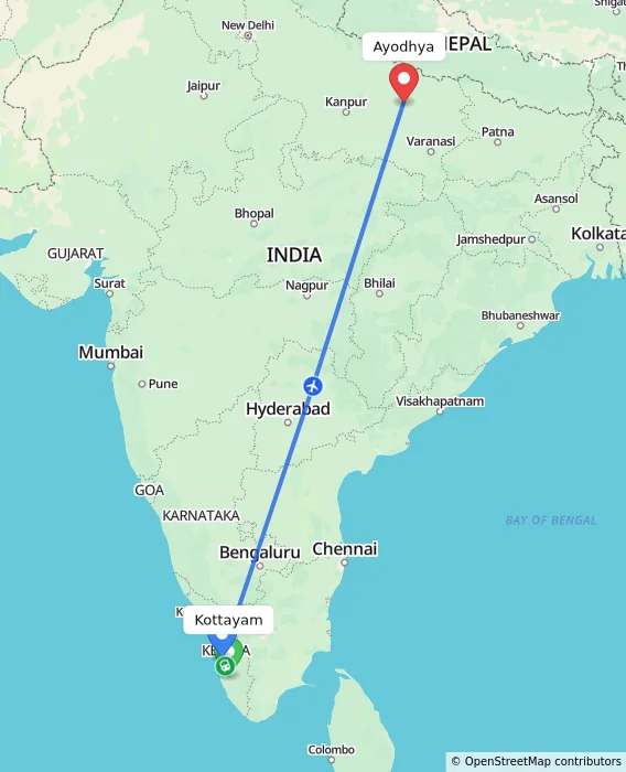Route map showing distance and travel time from Kottayam, India to Ayodhya, India