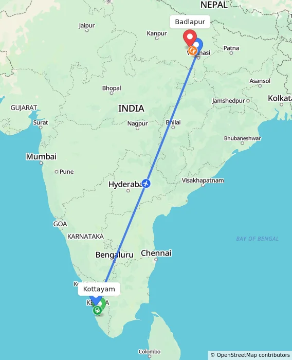 Route map showing distance and travel time from Kottayam, India to Badlapur, India