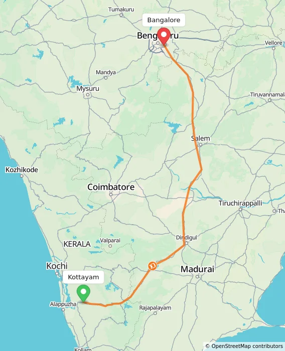 Route map showing distance and travel time from Kottayam, India to Bangalore, India