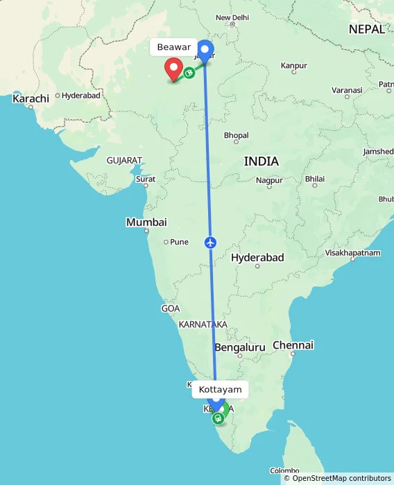 Route map showing distance and travel time from Kottayam, India to Beawar, India