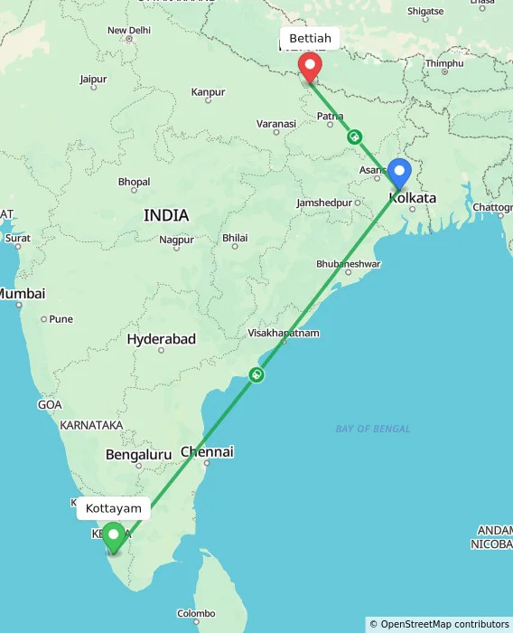 Route map showing distance and travel time from Kottayam, India to Bettiah, India