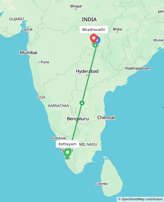 Route map showing distance and travel time from Kottayam, India to Bhadravathi, India