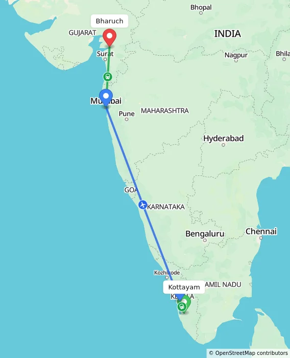 Route map showing distance and travel time from Kottayam, India to Bharuch, India