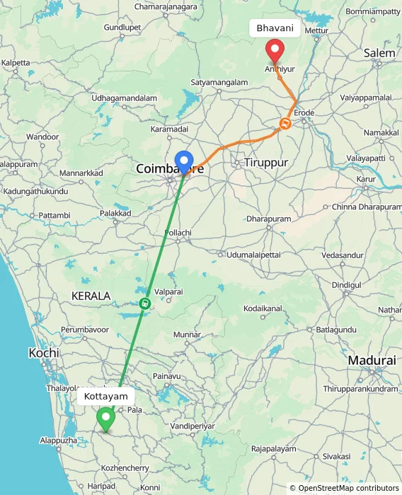 Route map showing distance and travel time from Kottayam, India to Bhavani, India