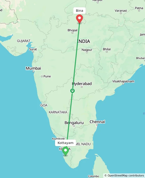 Route map showing distance and travel time from Kottayam, India to Bina, India