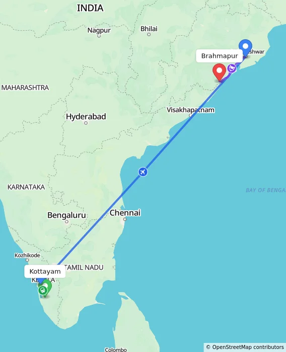 Route map showing distance and travel time from Kottayam, India to Brahmapur, India