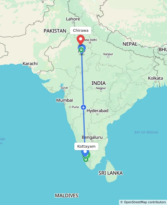 Route map showing distance and travel time from Kottayam, India to Chirawa, India