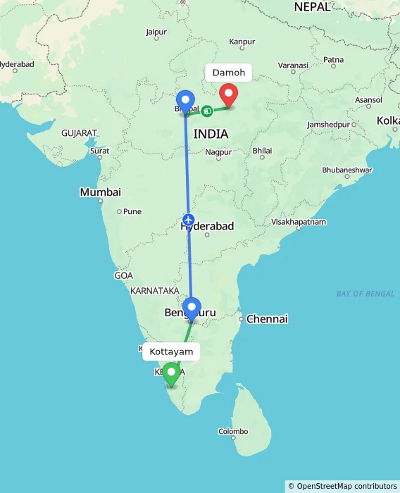 Route map showing distance and travel time from Kottayam, India to Damoh, India
