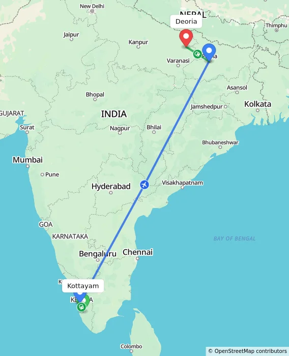 Route map showing distance and travel time from Kottayam, India to Deoria, India