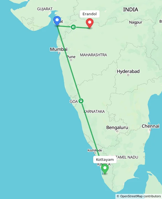 Route map showing distance and travel time from Kottayam, India to Erandol, India