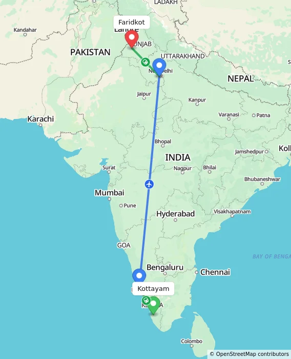 Route map showing distance and travel time from Kottayam, India to Faridkot, India