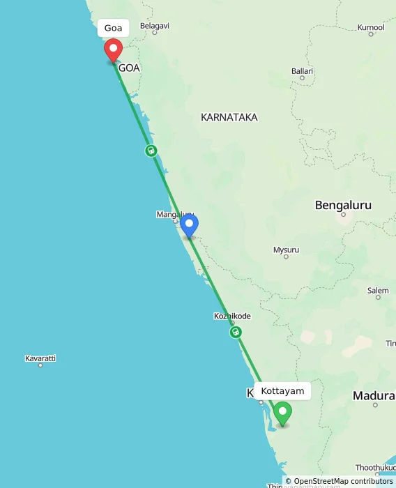 Route map showing distance and travel time from Kottayam, India to Goa, India