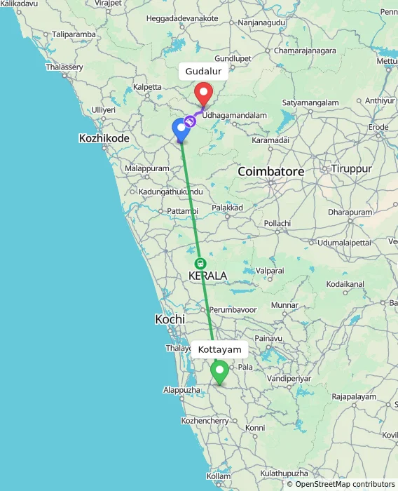 Route map showing distance and travel time from Kottayam, India to Gudalur, India