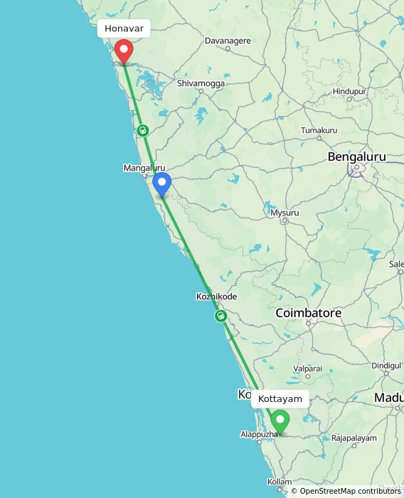 Route map showing distance and travel time from Kottayam, India to Honavar, India