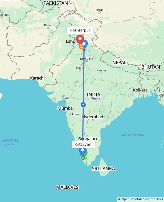 Route map showing distance and travel time from Kottayam, India to Hoshiarpur, India