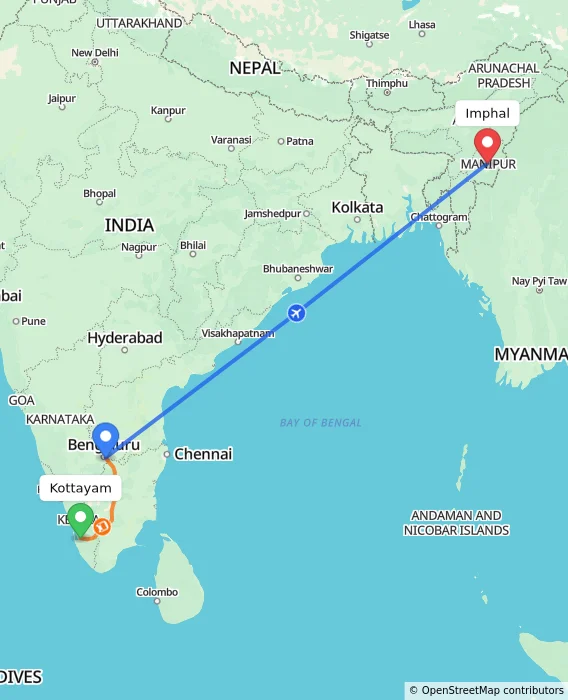 Route map showing distance and travel time from Kottayam, India to Imphal, India