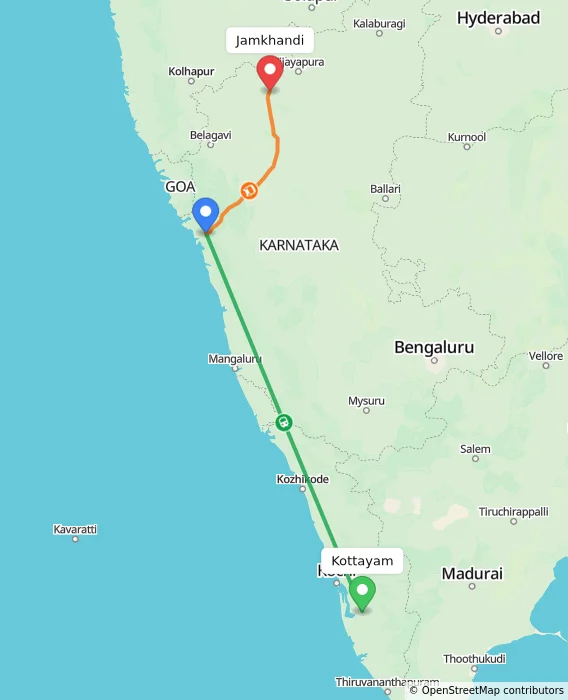 Route map showing distance and travel time from Kottayam, India to Jamkhandi, India