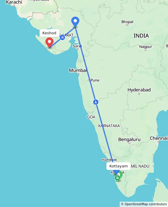 Route map showing distance and travel time from Kottayam, India to Keshod, India