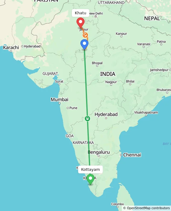 Route map showing distance and travel time from Kottayam, India to Khatu, India