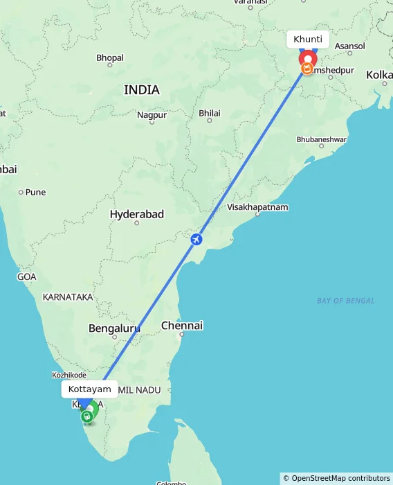Route map showing distance and travel time from Kottayam, India to Khunti, India