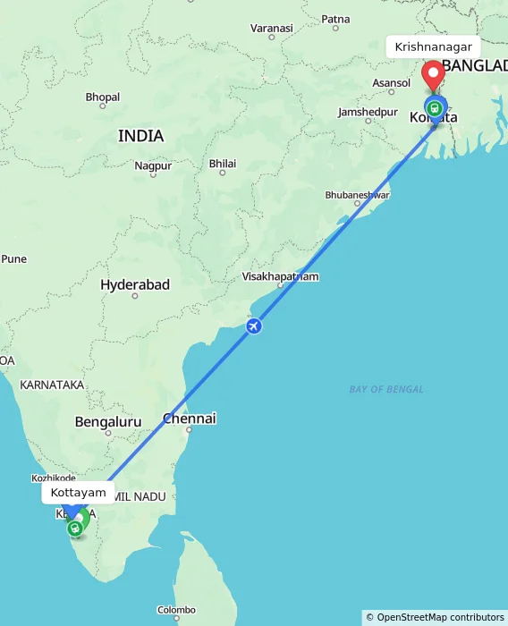 Route map showing distance and travel time from Kottayam, India to Krishnanagar, India
