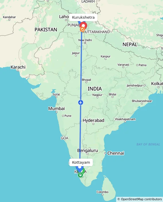 Route map showing distance and travel time from Kottayam, India to Kurukshetra, India